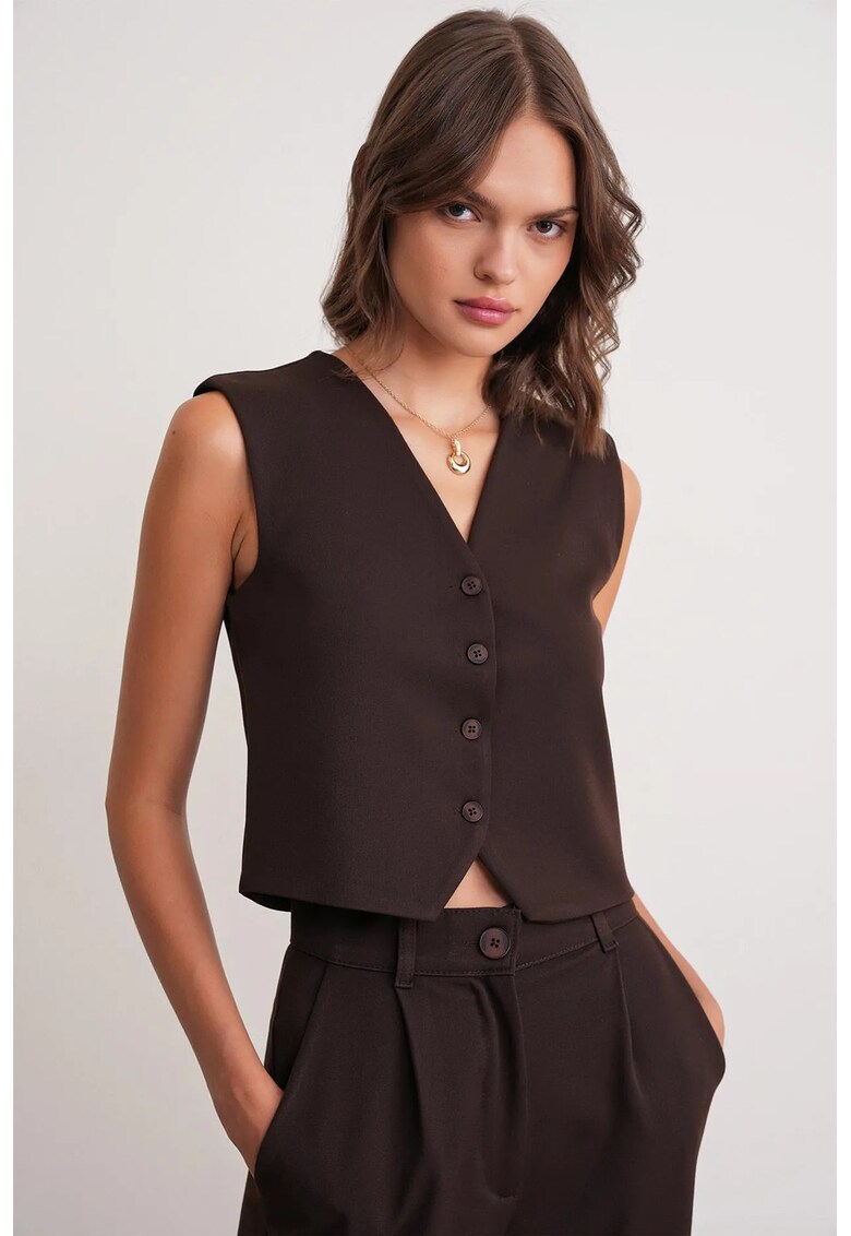 Vesta cu nasturi - decolteu in V - maro cafea - textil