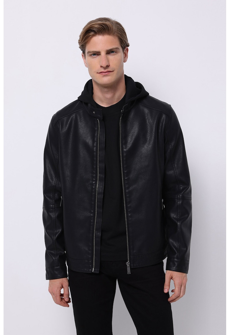 Jacheta biker de piele ecologica cu fermoar - Negru