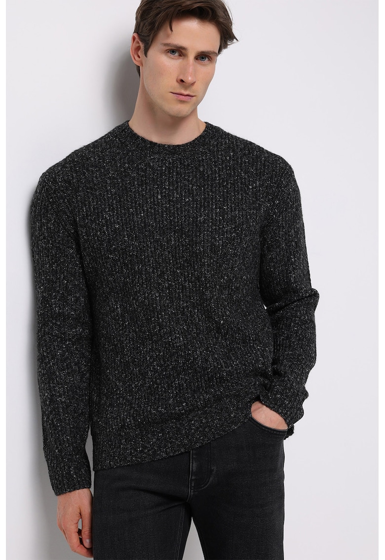 Pulover din amestec de bumbac cu decolteu la baza gatului