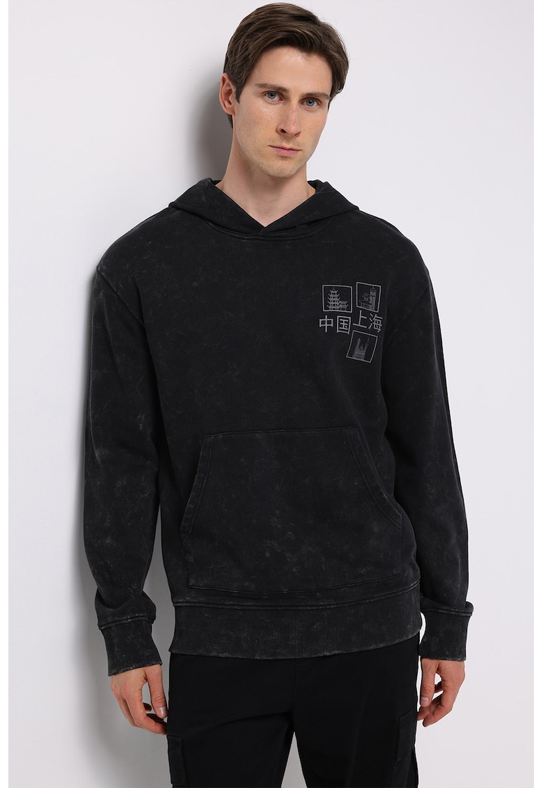 Hanorac de bumbac cu buzunar kangaroo - Negru