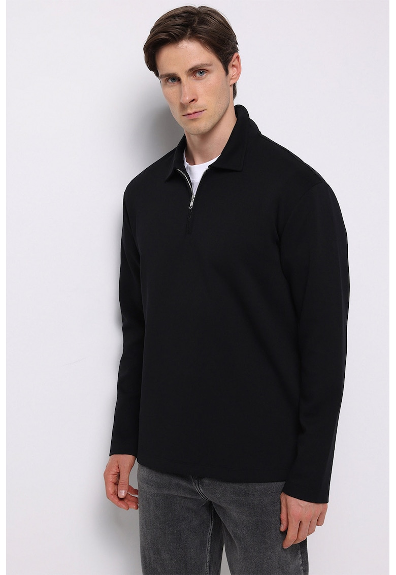 Bluza polo din amestec de bumbac cu fenta cu fermoar - Negru stins