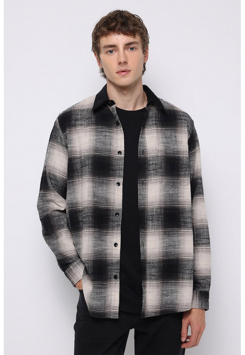 Jacheta-camasa in carouri cu nasturi - Negru stins/Bej deschis