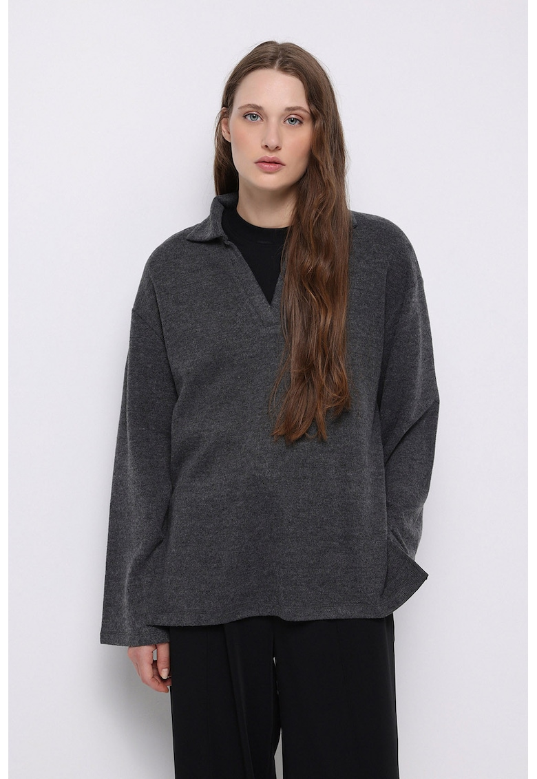 Pulover lejer cu decolteu in V - din amestec de bumbac - Gri antracit