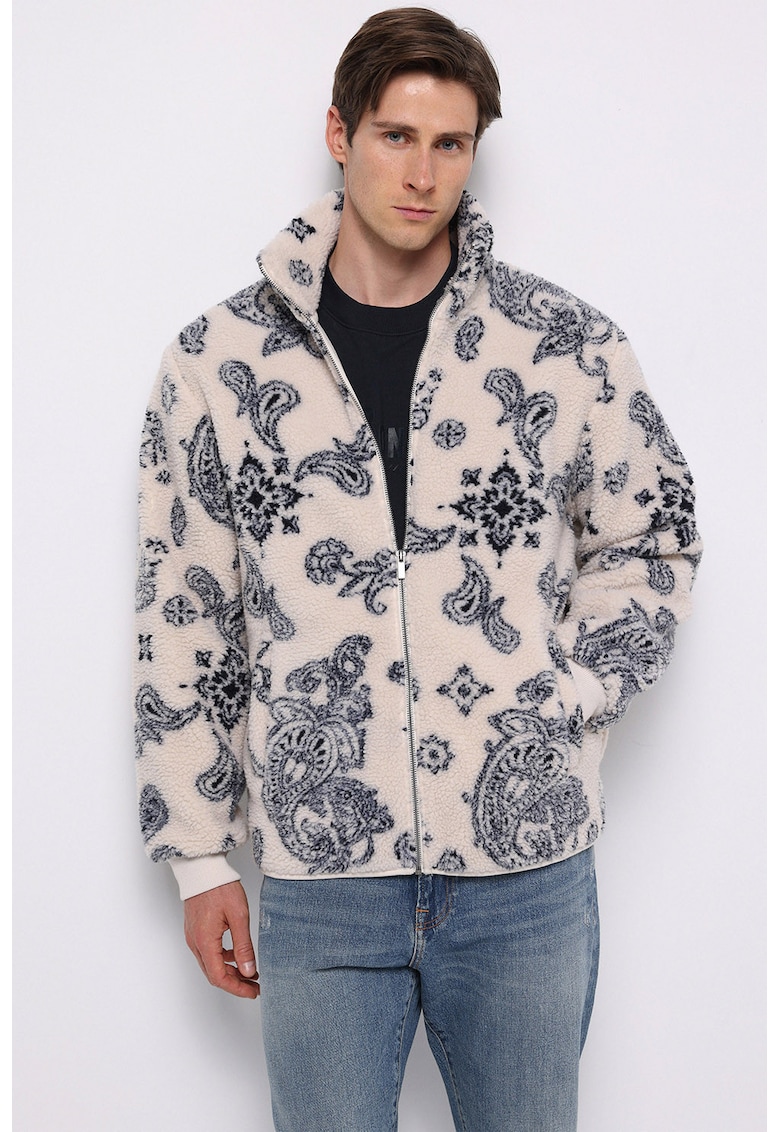 Jacheta lejera din teddy cu model paisley - Negru/Crem
