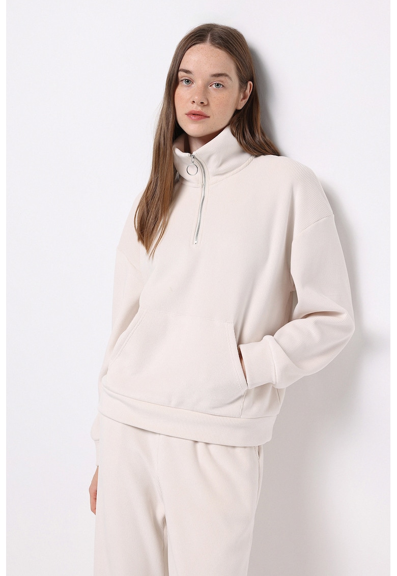 Bluza de trening catifelata cu fenta scurta cu fermoar - Crem