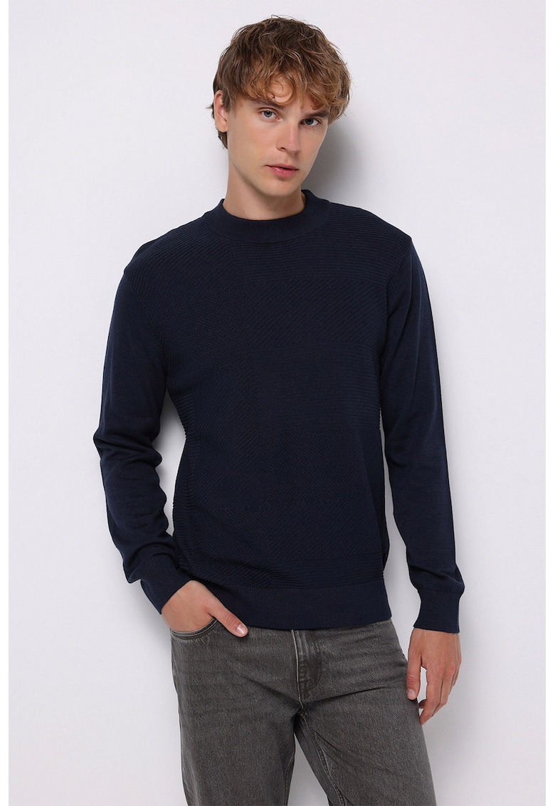 Pulover din amestec de bumbac cu decolteu la baza gatului si aspect texturat - Albastru ultramarin