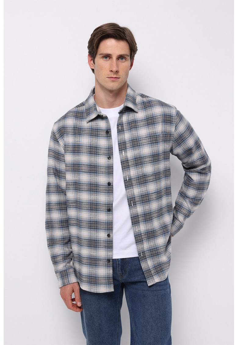 Camasa in carouri cu maneci lungi - Albastru pastel/Alb murdar/Gri inchis