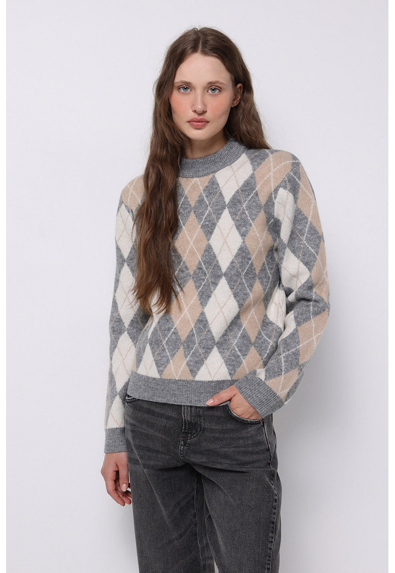 Pulover cu decolteu la baza gatului si model geometric - Gri melange/Alb murdar