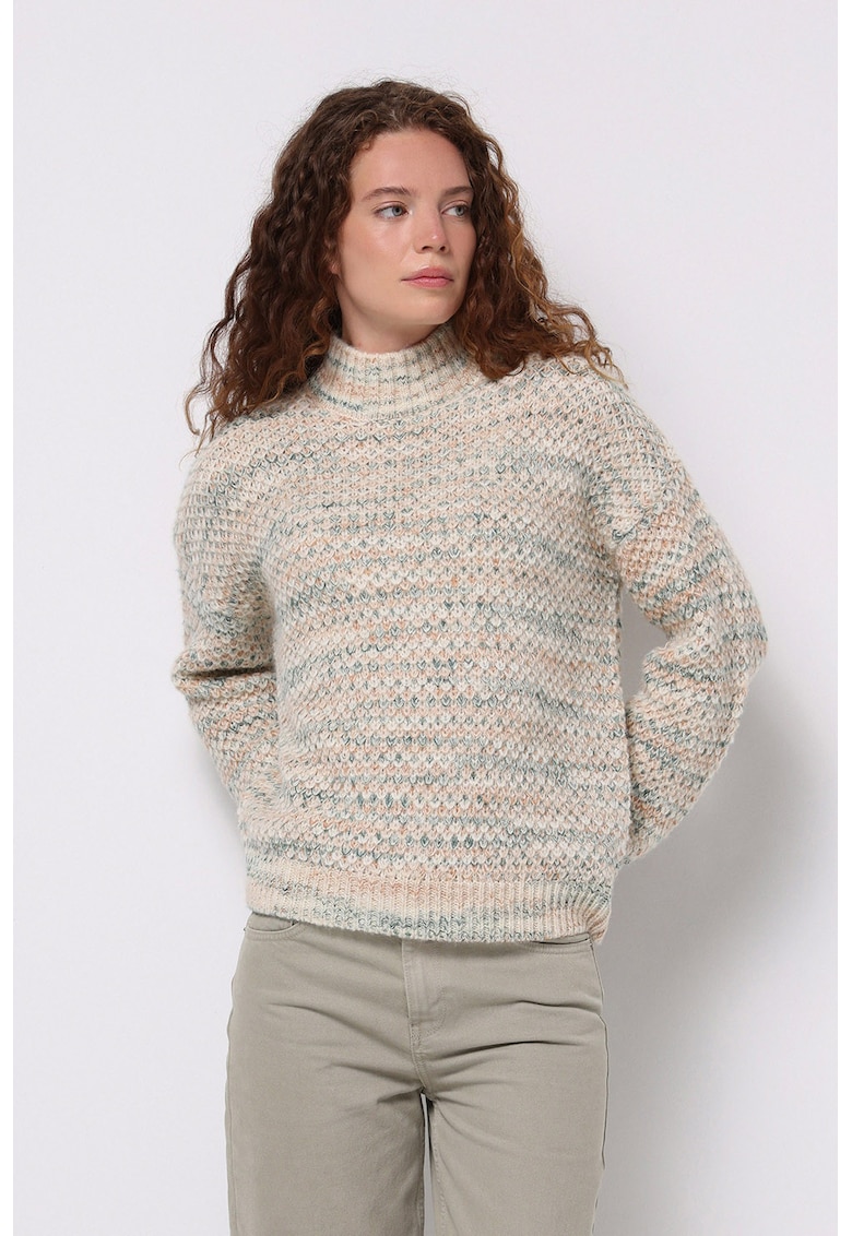 Pulover tricotat cu maneci cazute - Bej deschis melange