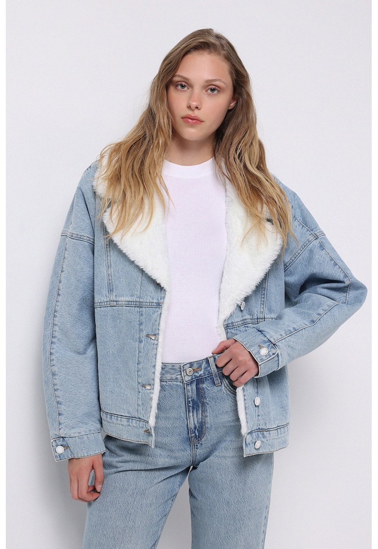 Jacheta lejera din denim cu captuseala din material teddy - Albastru deschis