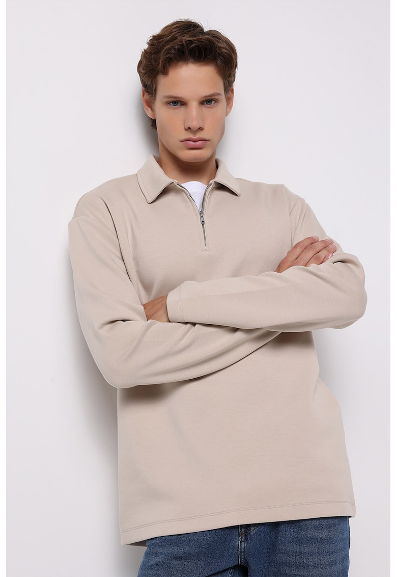 Bluza polo din amestec de bumbac cu fenta cu fermoar - Bej deschis