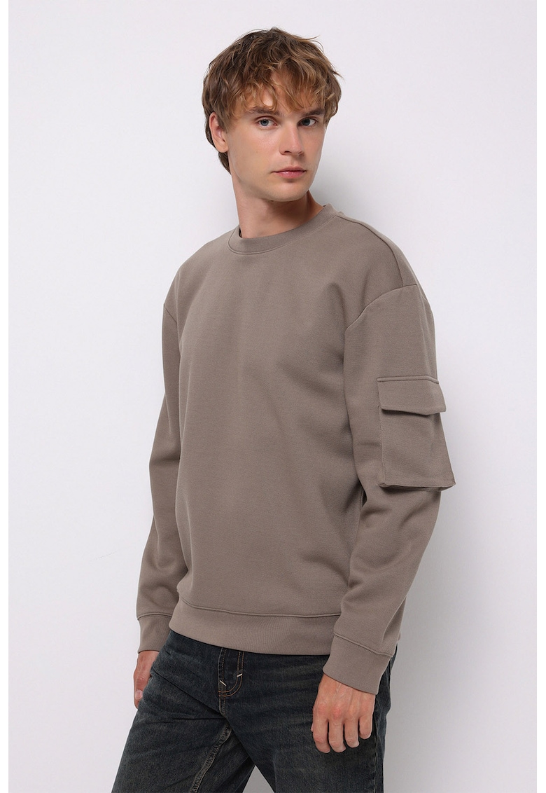 Bluza uni de trening cu buzunar cu clapa pe maneca - Maro taupe