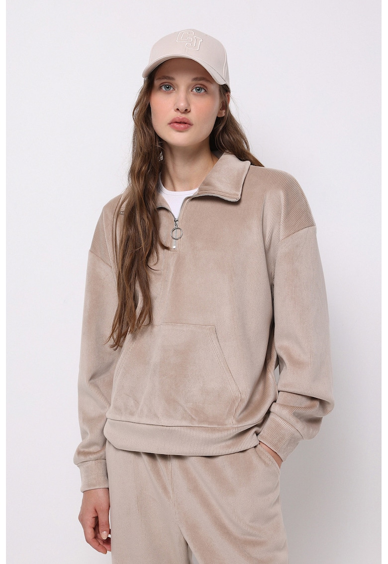 Bluza de trening catifelata cu fenta scurta cu fermoar - Piersica