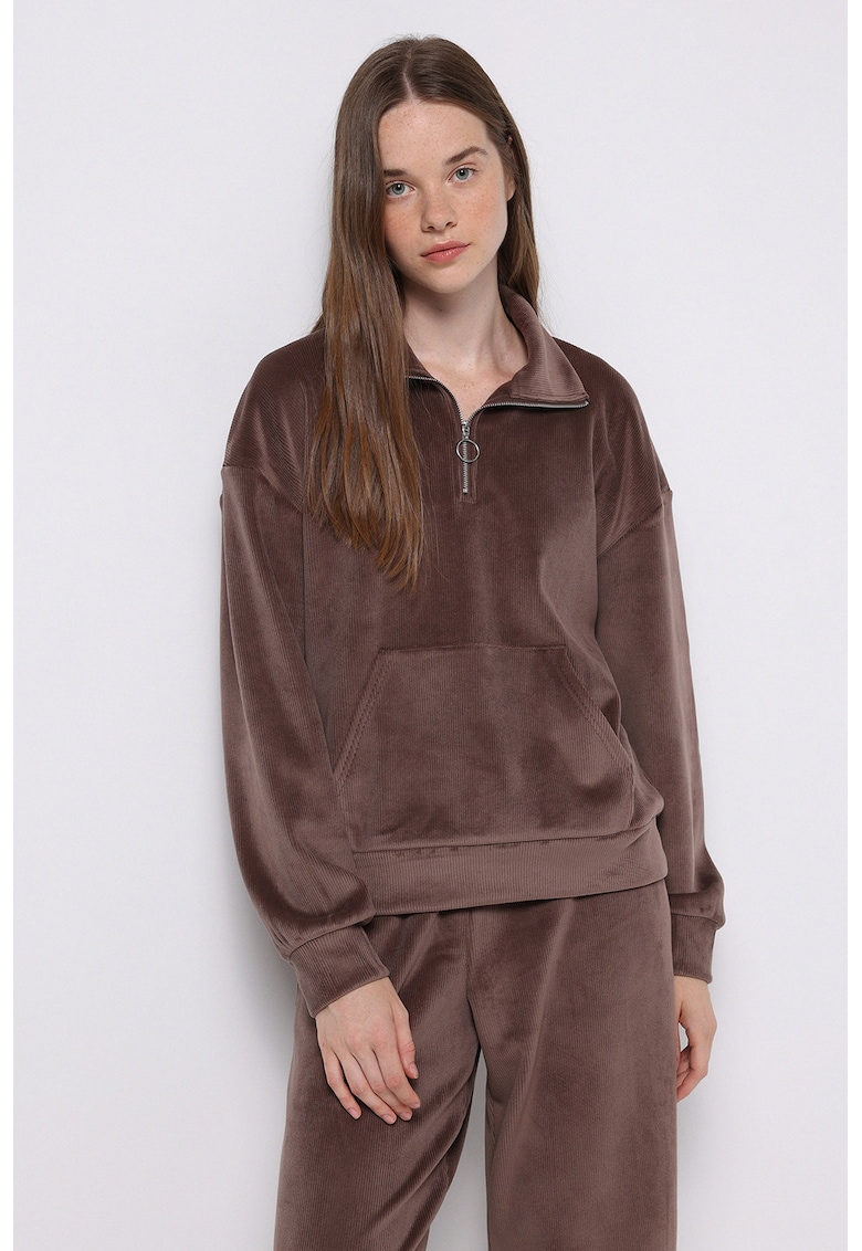 Bluza de trening catifelata cu fenta scurta cu fermoar - Maro
