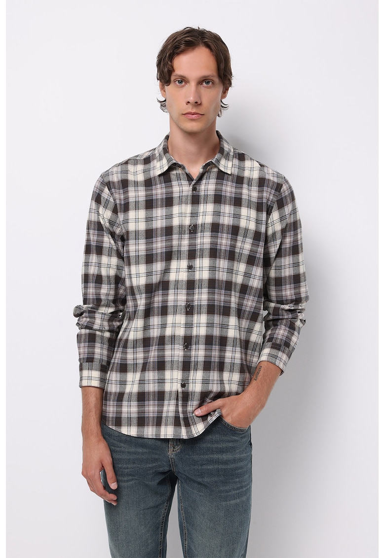 Camasa regular fit in carouri si mansete cu nasturi - Albastru pastel/Gri inchis melange/Alb murdar