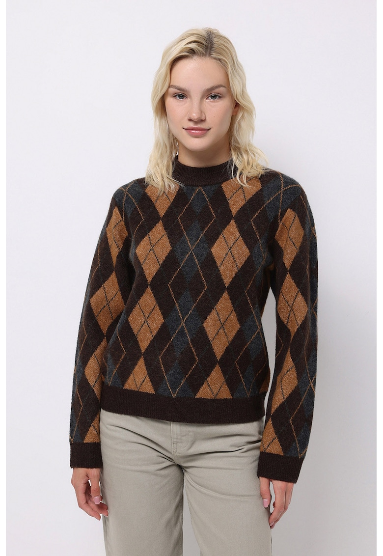 Pulover cu decolteu la baza gatului si model geometric - Maro/Maro camel