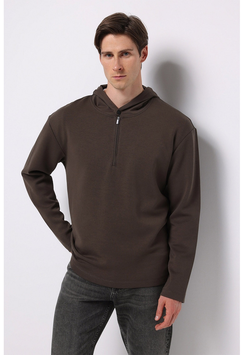 Hanorac uni cu fermoar scurt - Maro pamantiu
