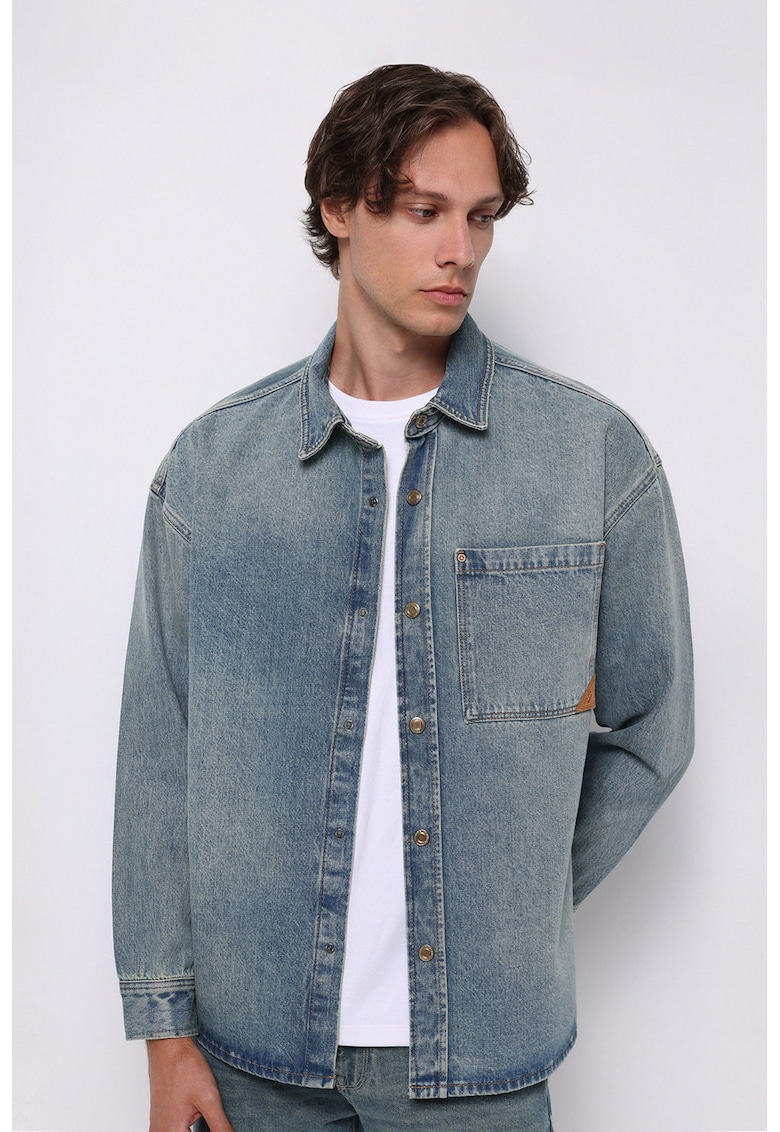 Jacheta de denim cu buzunare pe piept - Albastru melange