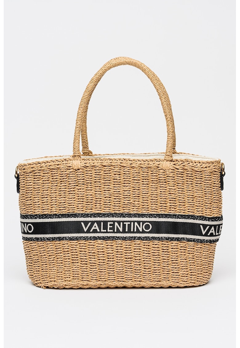 Geanta shopper din paie de hartie cu banda logo - Negru/Maro deschis