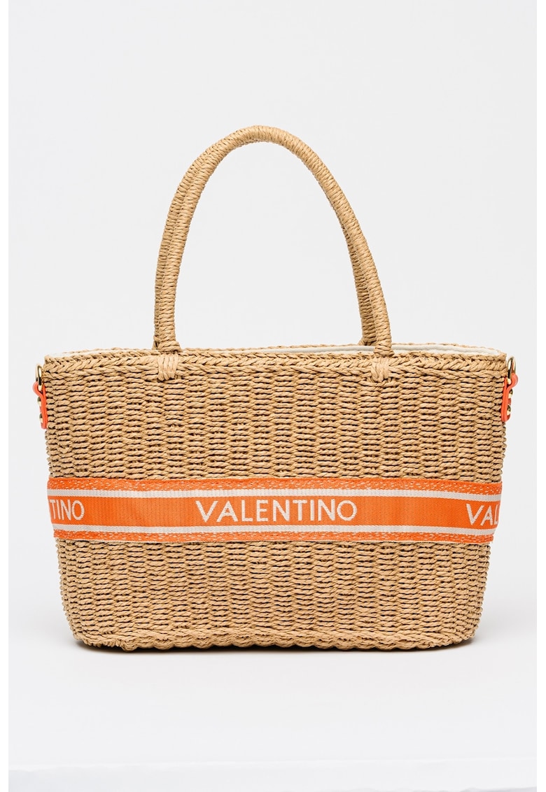 Geanta shopper din paie de hartie cu banda logo - Maro deschis/Caramiziu
