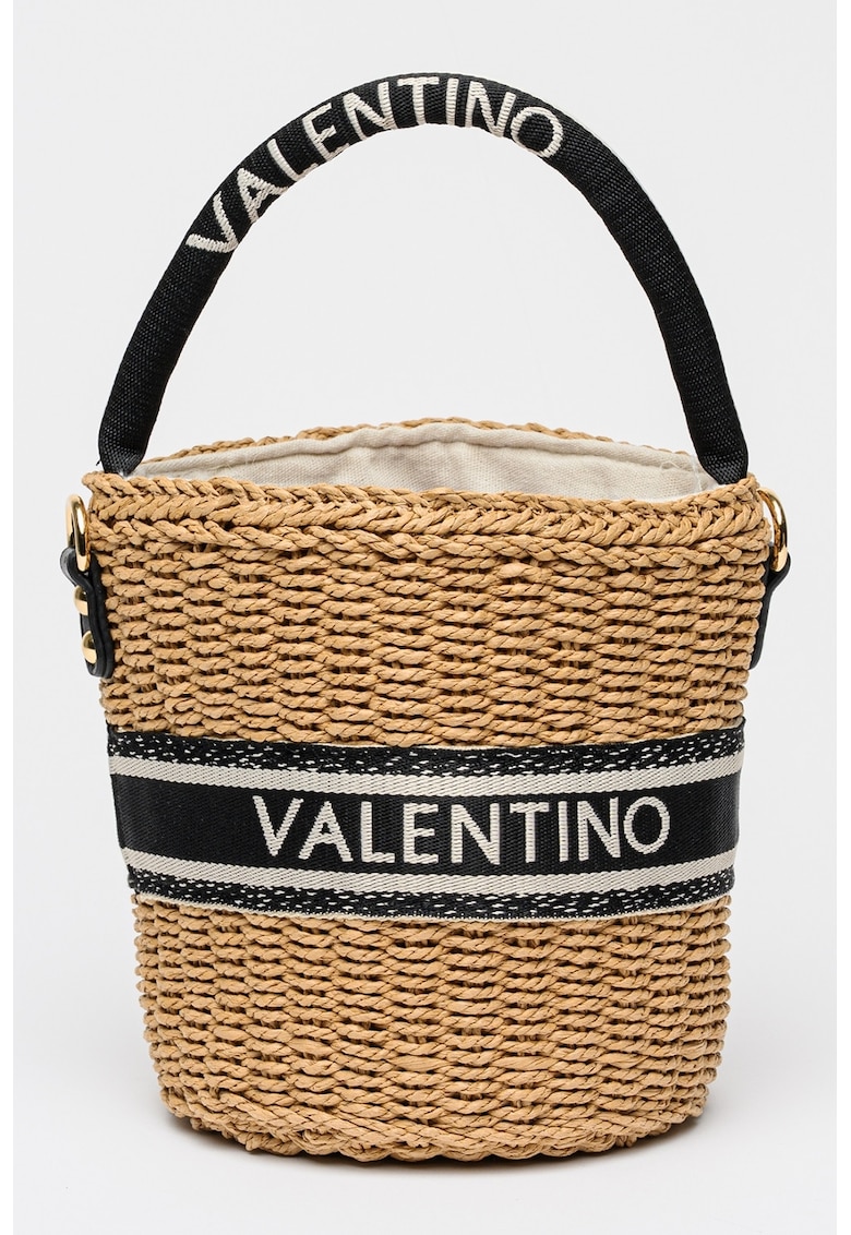 Geanta bucket din paie de hartie cu logo - Negru/Maro deschis