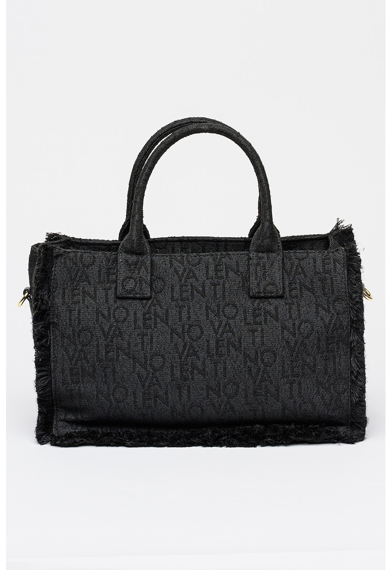 Geanta cu bareta de umar - model logo si terminatii franjurate - Negru
