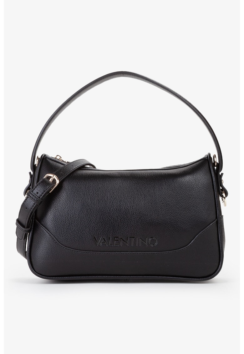 Geanta de piele ecologica cu bareta de umar si logo in relief - Negru