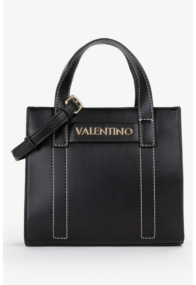 Geanta de piele ecologica cu bareta de umar si cusaturi contrastante - Negru