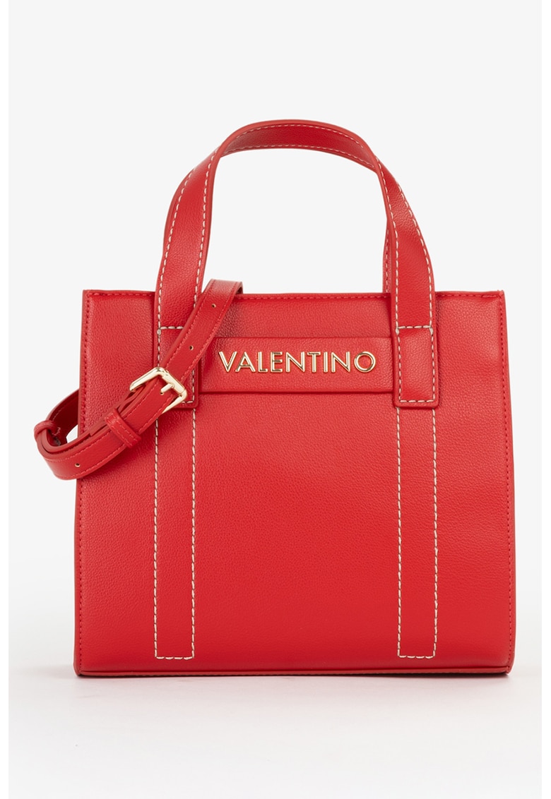 Geanta de piele ecologica cu bareta de umar si cusaturi contrastante - Rosu