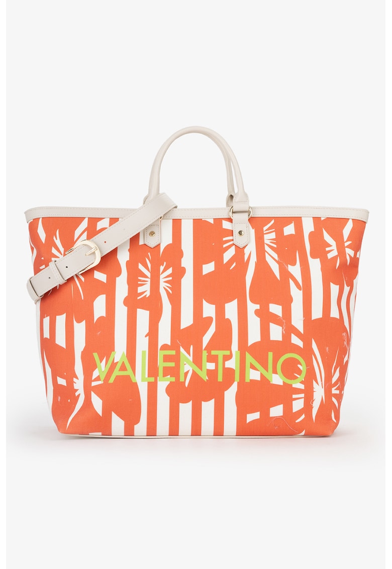 Geanta shopper din piele ecologica cu model floral - Alb/Portocaliu