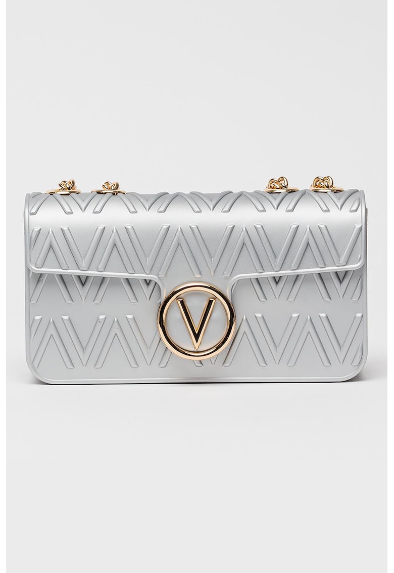 Geanta crossbody cu monograma in relief si bareta de lant - Argintiu