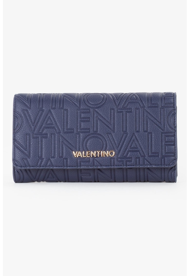 Portofel de piele ecologica cu clapa si model monograma Pansy - Bleumarin