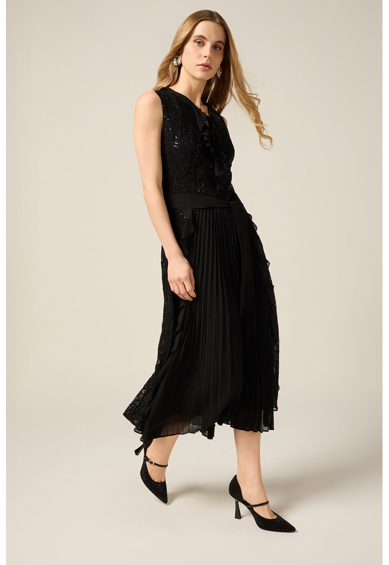 Rochie cu decolteu in V si pliuri - fara maneci - Negru