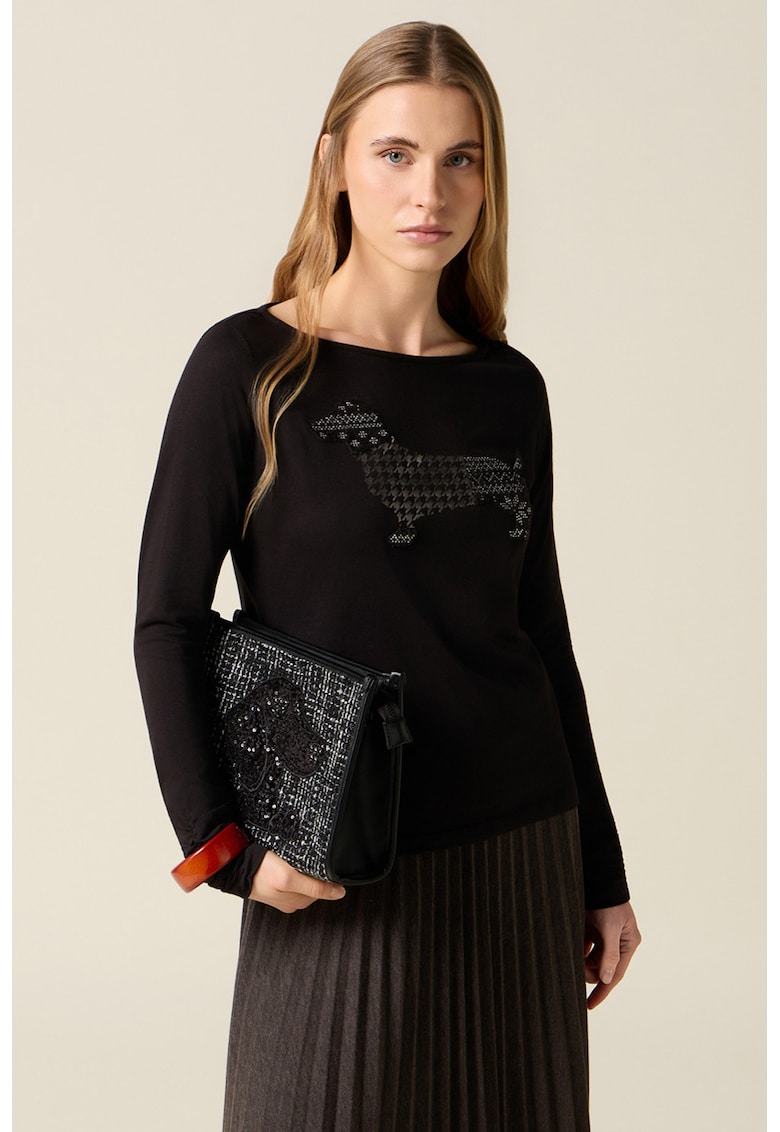 Bluza cu decolteu barcuta si imprimeu - Negru/Argintiu