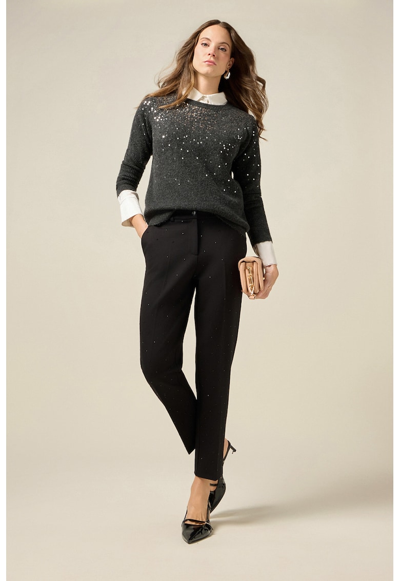 Pantaloni regular-fit cu aplicatii din strasuri - Negru