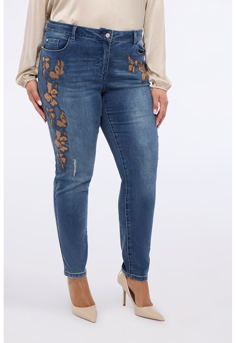 Blugi skinny cu flori brodate - Maro/Albastru inchis