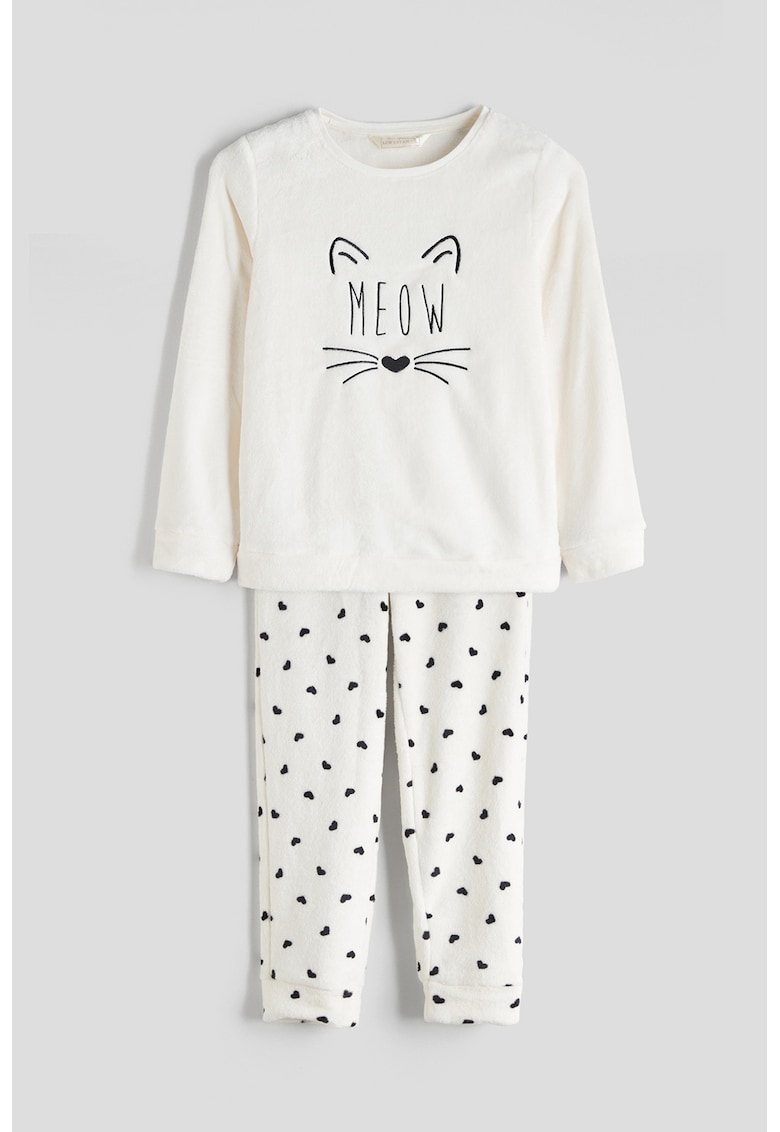 Pijama lunga cu imprimeu grafic - Alb fildes/Negru