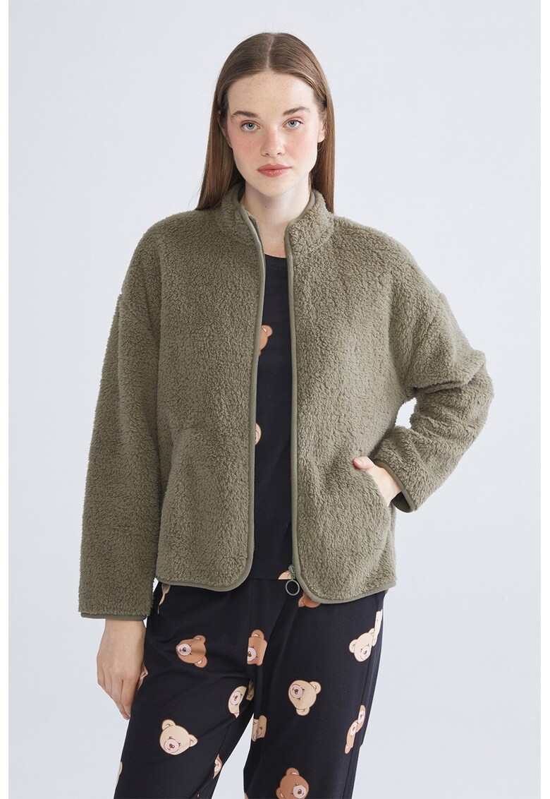 Bluza de pijama din material teddy cu fermoar - Kaki