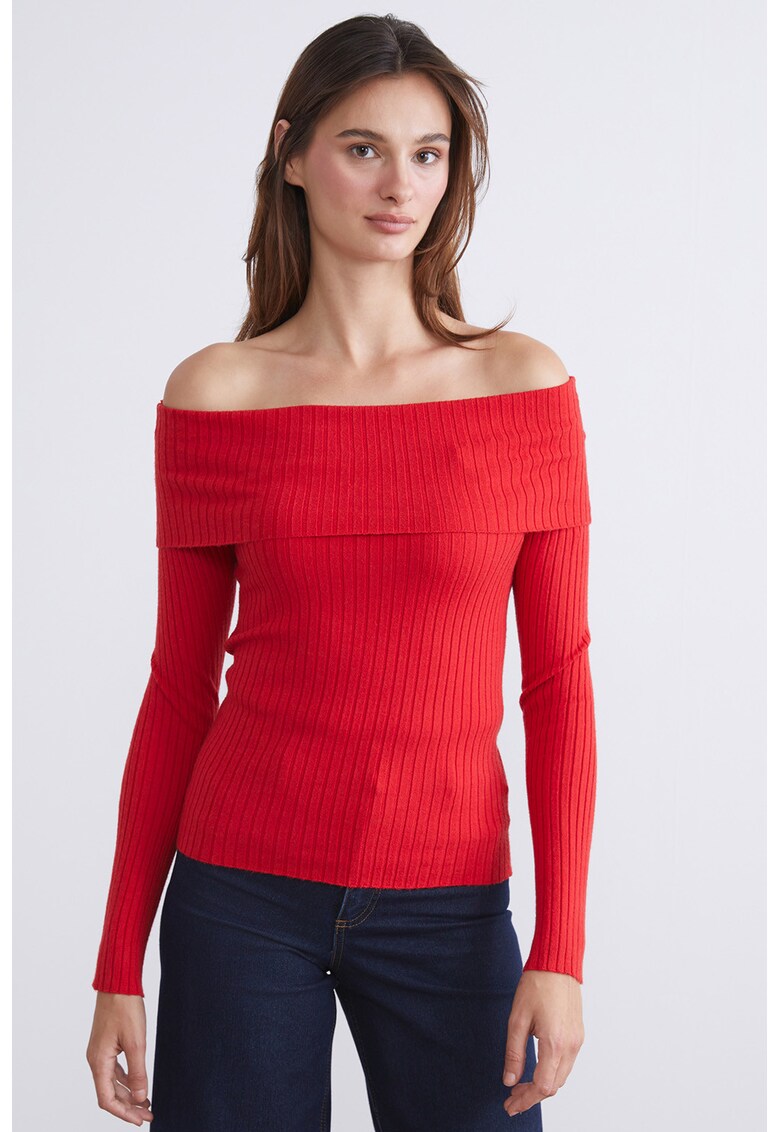 Bluza striata cu decolteu pe umeri - Rosu