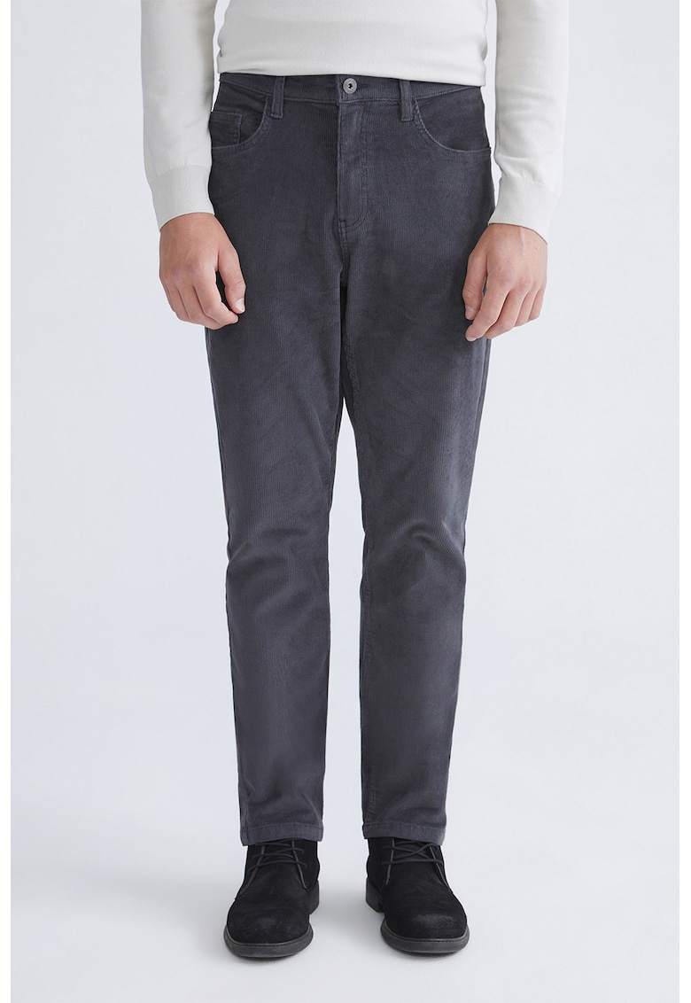 Pantaloni regular fit cu talie medie si aspect catifelat - Gri inchis