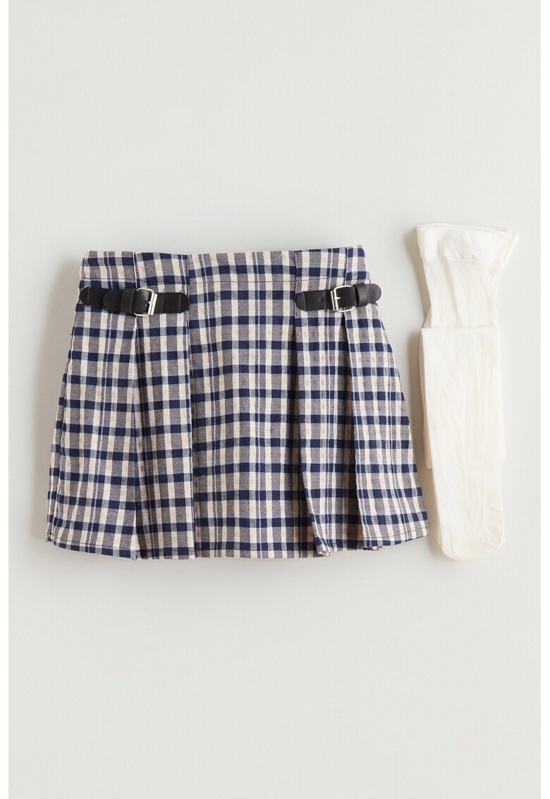 Fusta-pantalon scurta cu model in carouri - Albastru inchis/Alb murdar