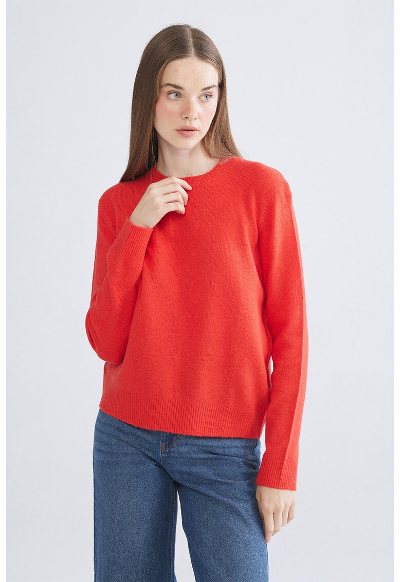 Pulover din amestec de lana cu decolteu la baza gatului - Rosu vermillion