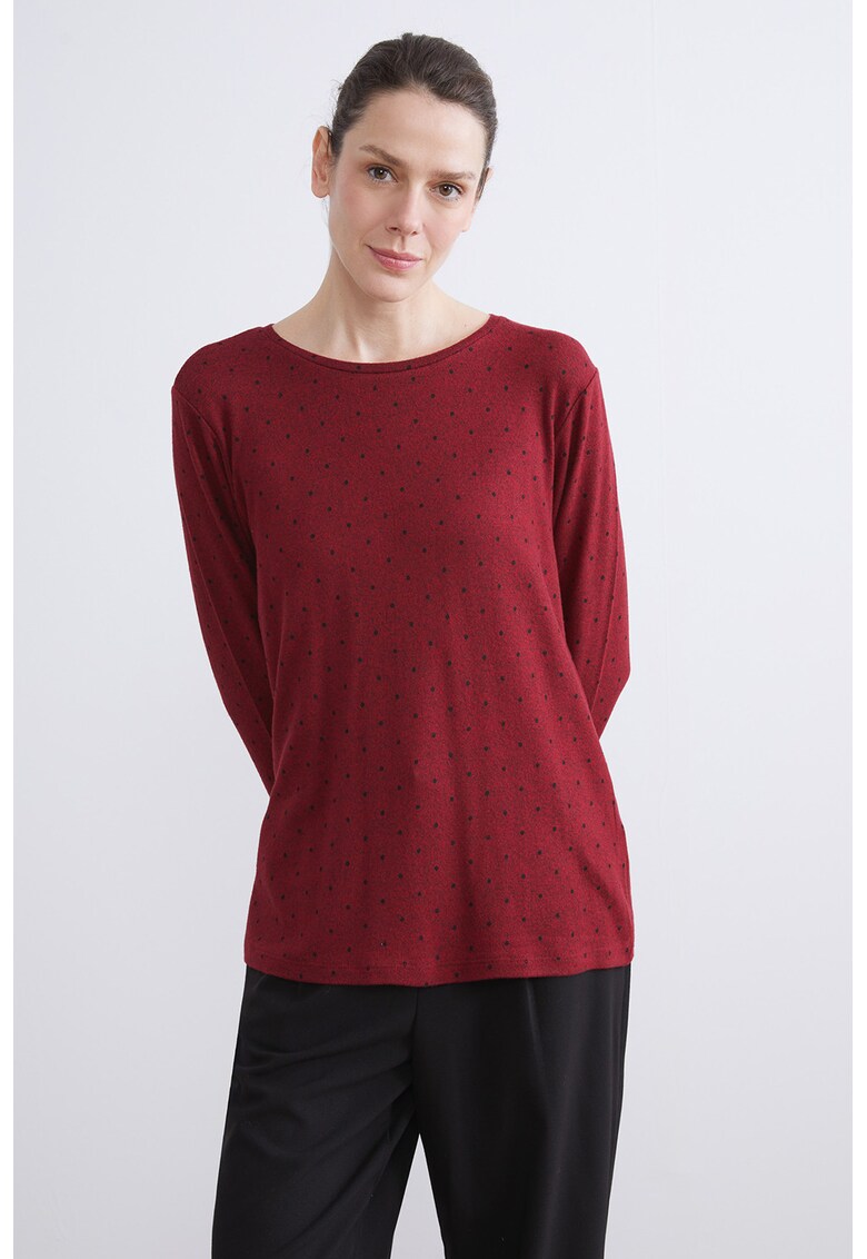 Bluza cu decolteu rotund si model cu buline - Rosu inchis