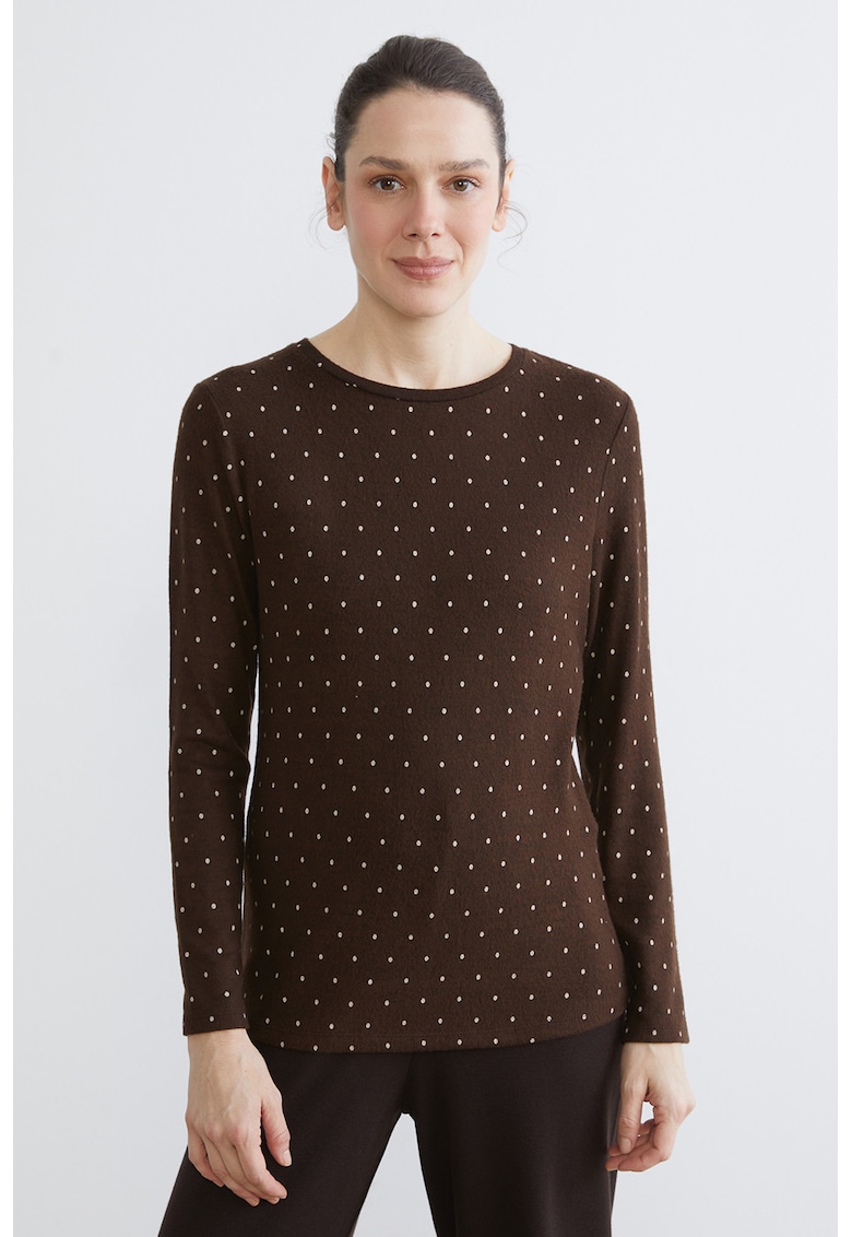 Bluza cu decolteu rotund si model cu buline - Maro inchis