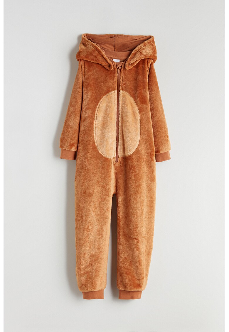 Salopeta din material teddy cu fermoar si model urs - Maro deschis