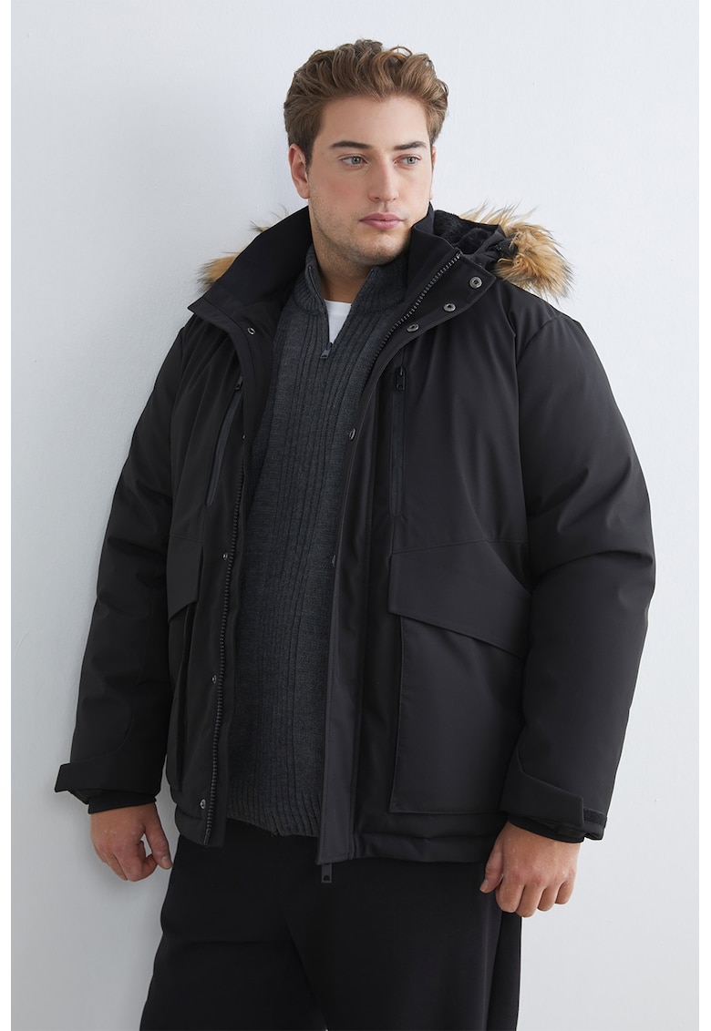 Geaca cu garnitura de blana sintetica - Negru
