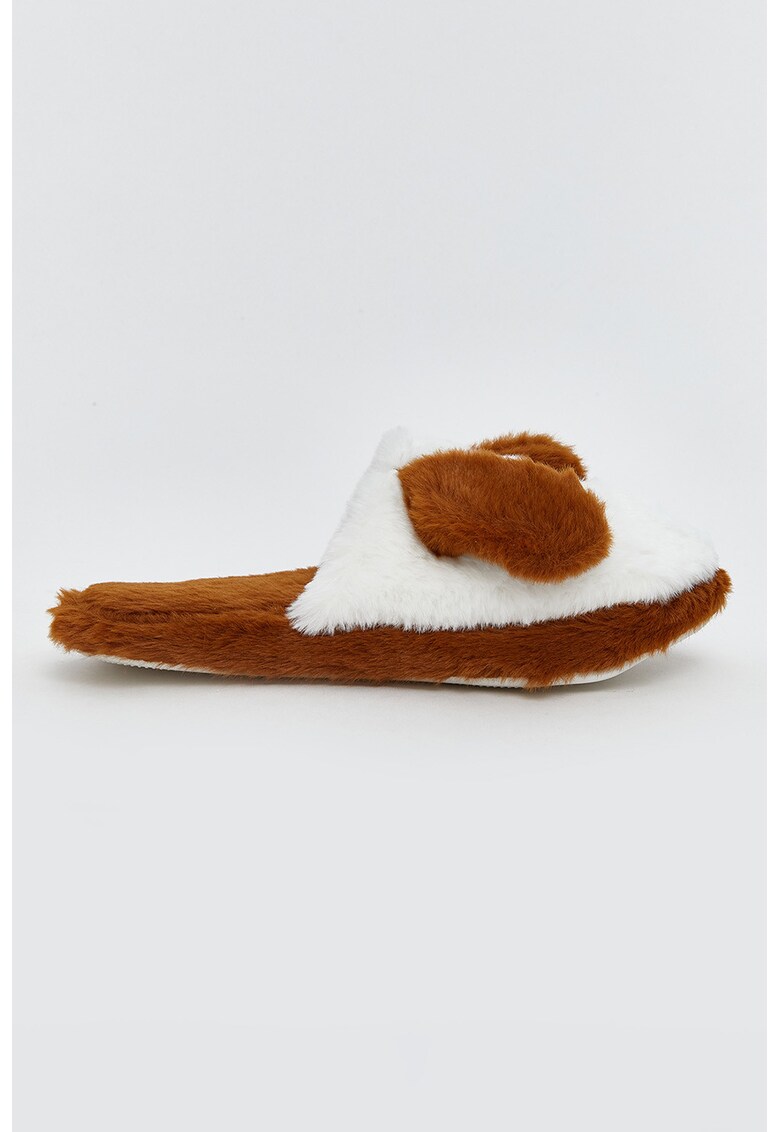 Papuci de casa pufosi in forma de catel - Alb/Maro