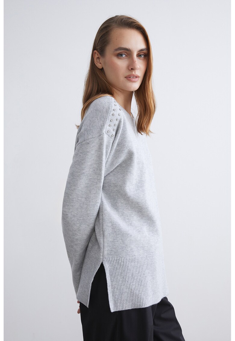 Pulover cu strasuri pe umeri - Gri deschis melange