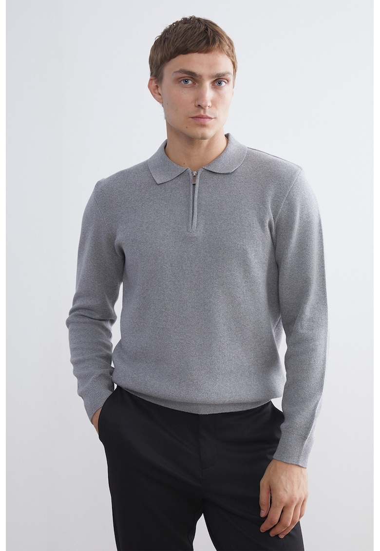 Pulover de bumbac cu guler ascutit - Gri melange