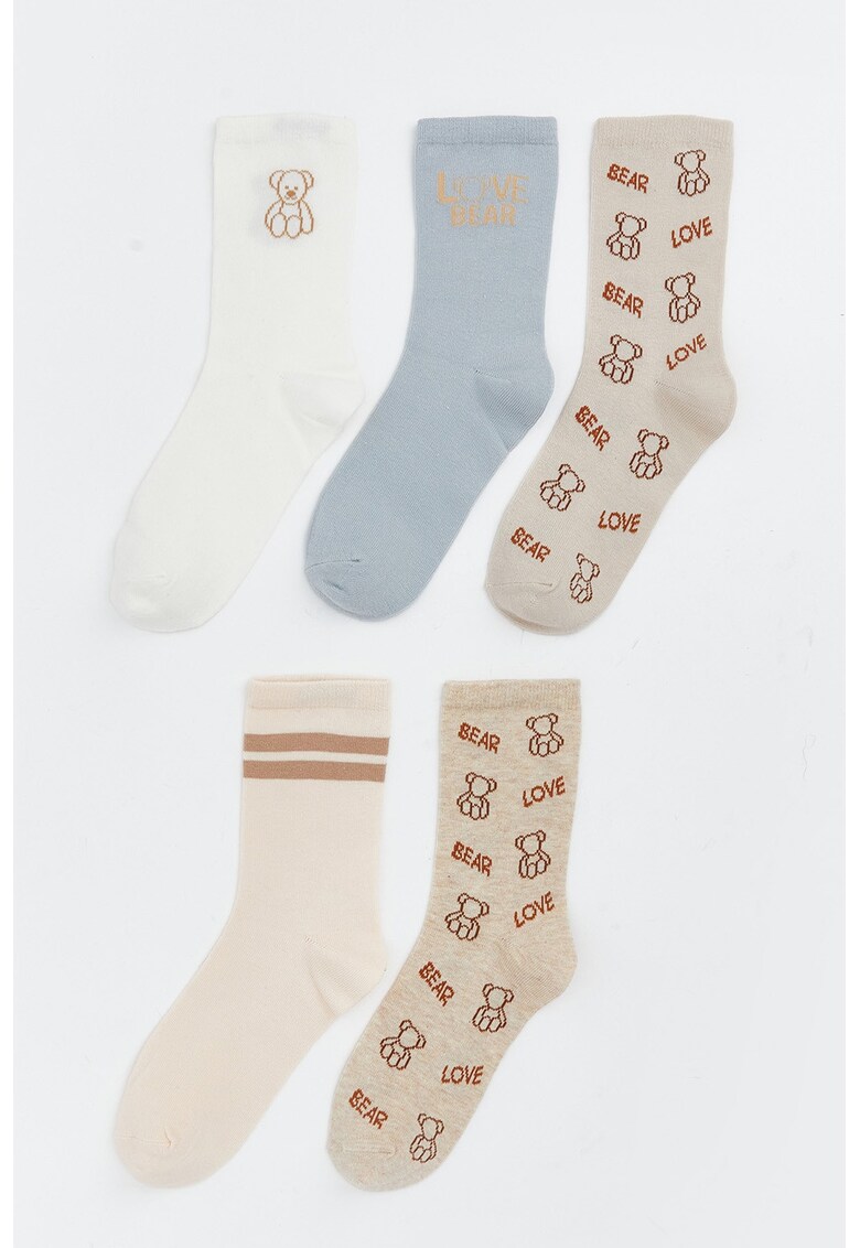 Set de sosete lungi din amestec de bumbac cu model - 5 Perechi - Alb/Maro deschis/Gri